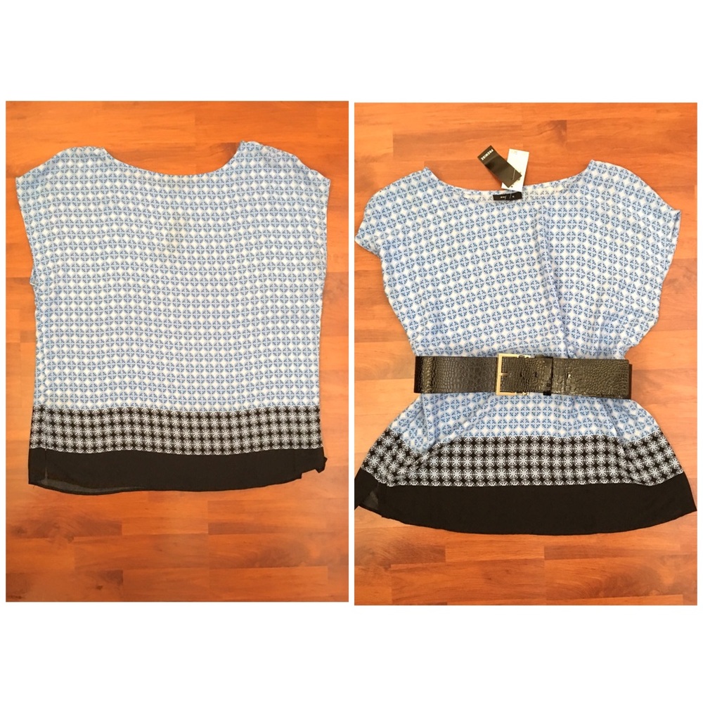 🔴 NWT Premise Blue & Black Border Print Blouse, L